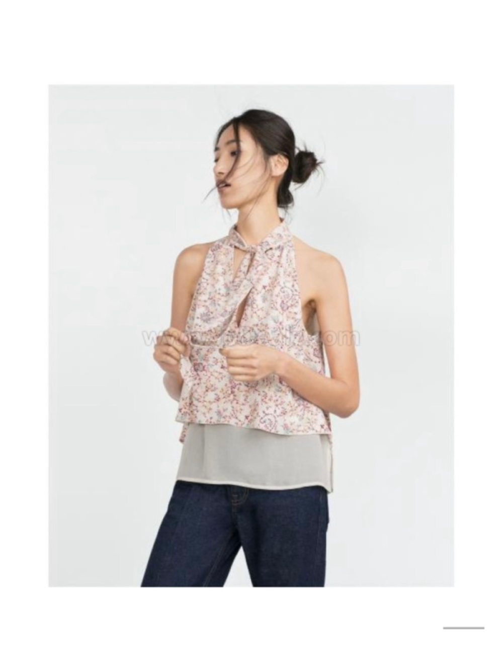 Women's Zara Floral Halter Blouse, Size S, Beige and Pink